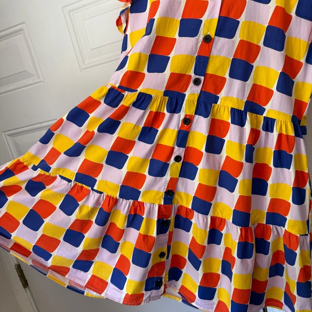 NOOWORKS multicolor square geo print cotton ruffle short sleeve mini dress - Picture 4 of 7